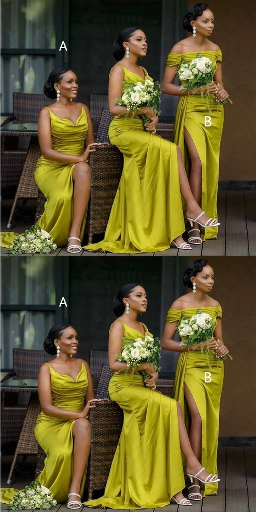 Mismatched Elegant Spaghetti Straps Off Shoulder Side Slit Satin Long Bridesmaid Dresses Online, BG700