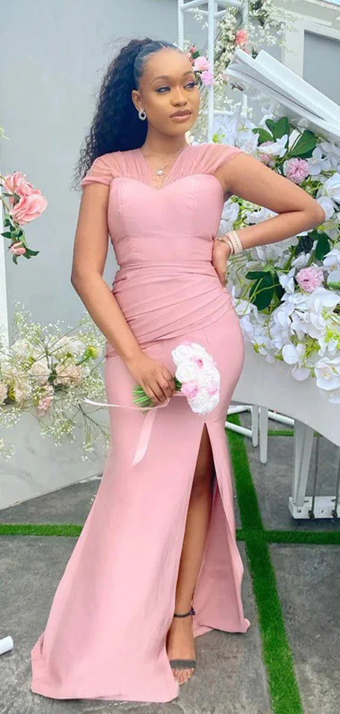 Elegant Straps Mermaid Side Slit Satin Blush Long Bridesmaid Dresses Online, BG758