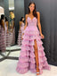 Gorgeous V-neck Spaghetti Strap Ruffles A-line Long Prom Dress With Slit Online, OL308