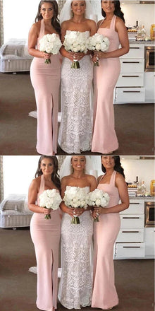 Elegant Halter Mermaid Front Slit Jersey Blush Long Bridesmaid Dresses Online, BG761