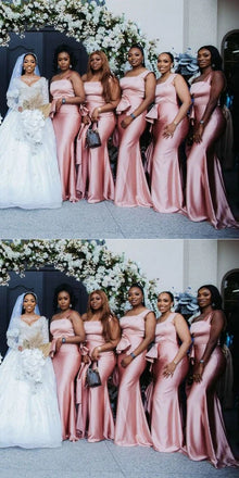 Elegant One Shoulder Mermaid Satin Pink Long Bridesmaid Dresses Online, BG763