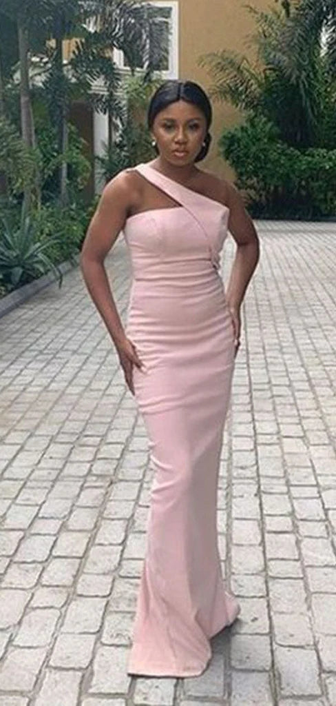 Elegant One Shoulder Mermaid Jersey Pink Long Bridesmaid Dresses Online, BG764