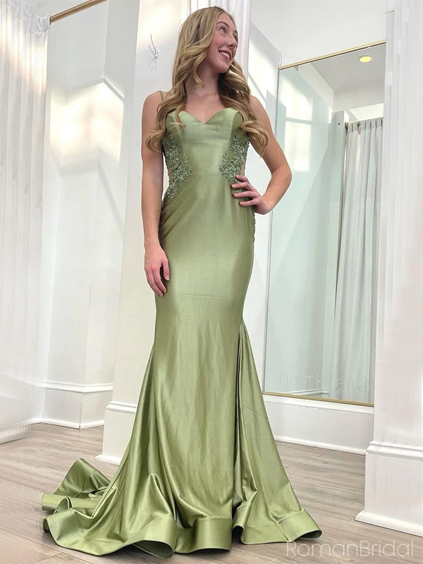 Gorgeous Spaghetti Strap Sleeveless Satin Mermaid Long Prom Dresses With Trailing For Party Online, OL351