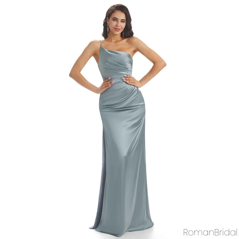 Sexy Soft Satin One Shoulder Side Slit Mermaid Long Bridesmaid Dresses Online, BG768