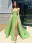 Elegant Spaghetti Strap Sleeveless A-line Long Prom Dresses With Front Slit For Party Online, OL343