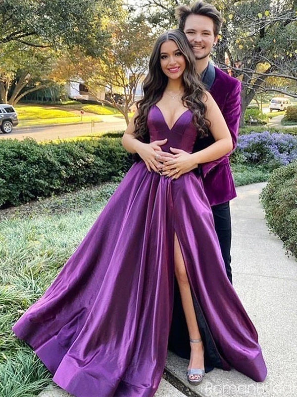 Formal V-neck Sleeveless Satin A-line Prom Dresses Purple With Slit For Party Online, OL354