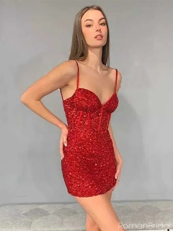 Sexy Spaghetti Strap Sleeveless Short Mermaid Red Sequin Homecoming Dresses For Party Online, HD0900