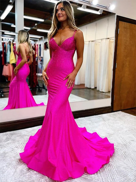 hot pink mermaid prom dress Sexy Spaghetti Strap V-neck Satin Long With Trailin – RomanBridal women’s formal black dress