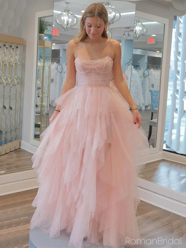 Unique Sweetheart Pink Ruffles Tulle A-line Long Prom Dress Online, OL316