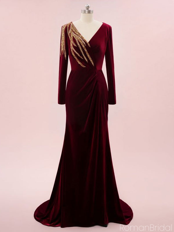 Elegant V-neck Full Sleeve Mermaid Velvet Long Prom Dresses With Trailing For Party Online, OL328