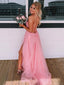 Elegant Spaghetti Strap Sleeveless A-line Tulle Long Prom Dresses With Slit For Party Online, OL384