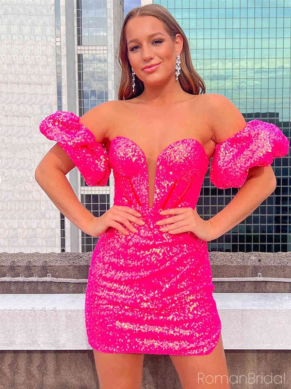 Shiny Off-shoulder Sleeveless Short Sequin Mermaid Homecoming Dresses For Party Online, HD0804