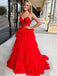 Formal Spaghetti Strap Sleeveless Red Tulle A-line Long Prom Dresses With Trailing For Party Online, OL357