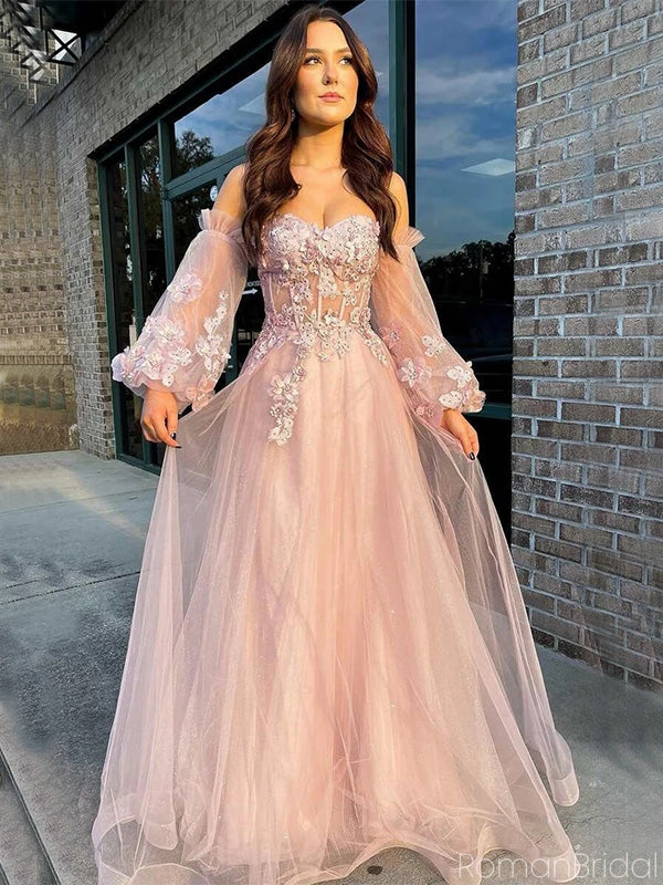 Unique Off-shoulder Full Sleeve A-line Tulle Long Prom Dresses For Party Online, OL385