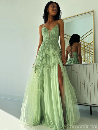 Gorgeous Spaghetti Strap V-neck Ruffles Tulle A-line Long Prom Dress With Slit Online, OL317