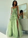 Gorgeous Spaghetti Strap V-neck Ruffles Tulle A-line Long Prom Dress With Slit Online, OL317