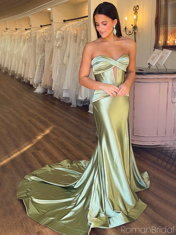 Sexy Spaghetti Strap Sleeveless Mermaid Satin Long Prom Dresses With Trailing For Party Online, OL326