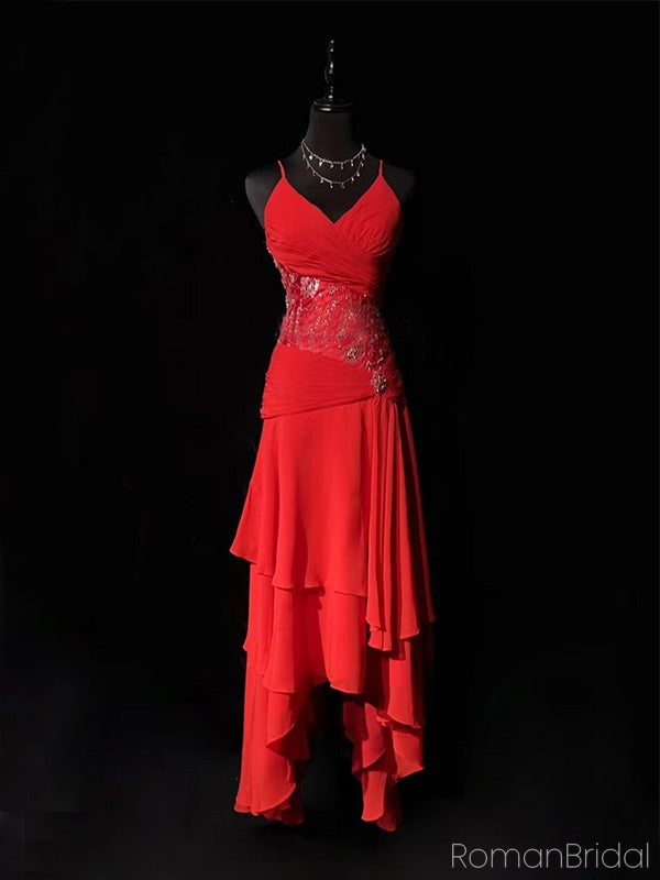 Sexy Spaghetti Strap Sleeveless Mermaid Chiffon Red Homecoming Dresses For Party Online, HD0942