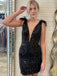 Sexy V-neck Sleeveless Short Mermaid Black Sequin Homecoming Dresses For Party Online, HD0898