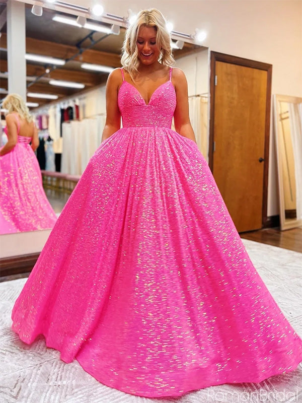 Sexy Spaghetti Strap V-neck Sequin A-line Long Prom Dress Online, OL302