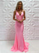 Sexy V-neck Sleeveless Mermaid Satin Pink Long Prom Dresses With Trailing For Party Online, OL378