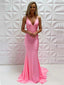 Sexy V-neck Sleeveless Mermaid Satin Pink Long Prom Dresses With Trailing For Party Online, OL378