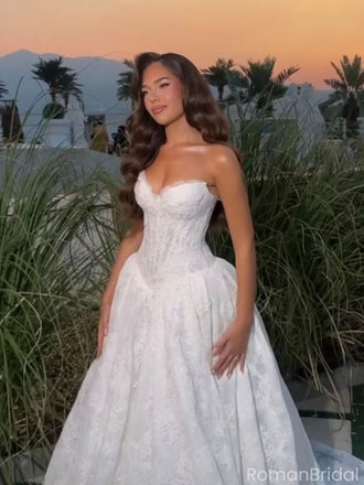 Sexy White Sweetheart Sleeveless A-Line Lace Long Wedding Dresses With Sweep Trailing,WD0554