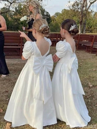 Cute White Hight Neck Short-Sleeved A-Line Flower Girl Dresses, FGS0033