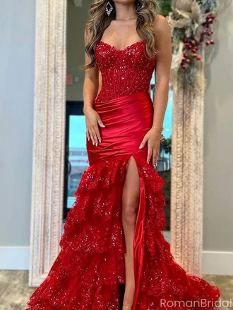 Gorgeous Red Sweetheart Mermaid Side Slit Long Prom Dress Ideas, Evening Party Dresses ,OLP1165