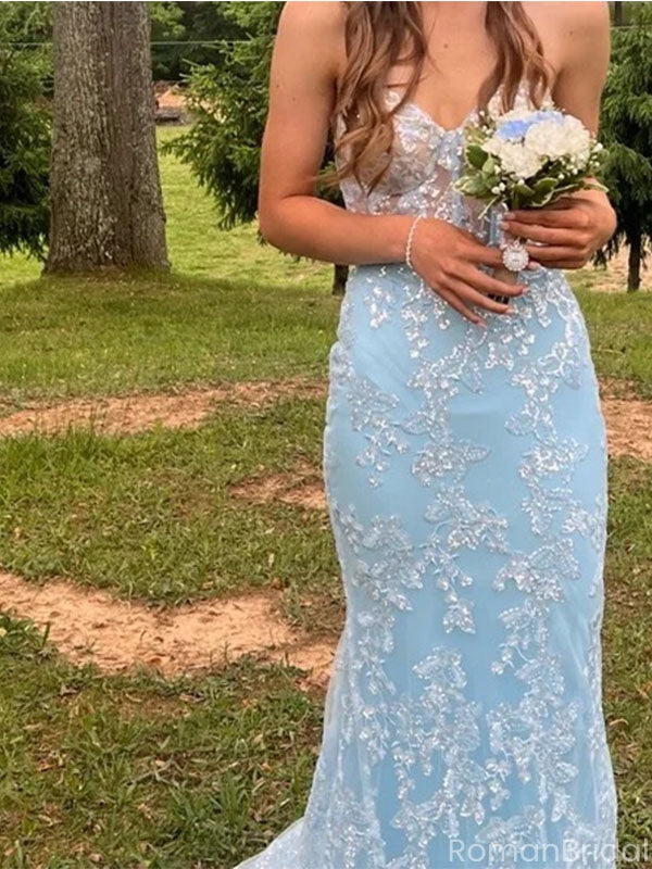 Elegant Blue Sweetheart Mermaid Lace Side Slit Long Prom Dress Ideas, Evening Party Dresses ,OLP1159