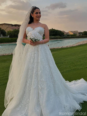 Elegant White Sweetheart Sleeveless A-Line Long Wedding Dresses With Sweep Trailing,WD0556