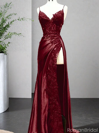 Gorgeous Red Spaghetti Strap Mermaid Side Slit Long Prom Dress Ideas, Evening Party Dresses , OLP1157