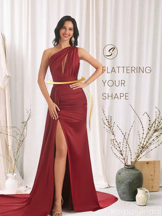 Elegant Red One Shoulder Mermaid Side Slit Long Prom Dress Ideas, Evening Party Dresses ,OLP1161