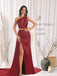 Elegant Red One Shoulder Mermaid Side Slit Long Prom Dress Ideas, Evening Party Dresses ,OLP1161