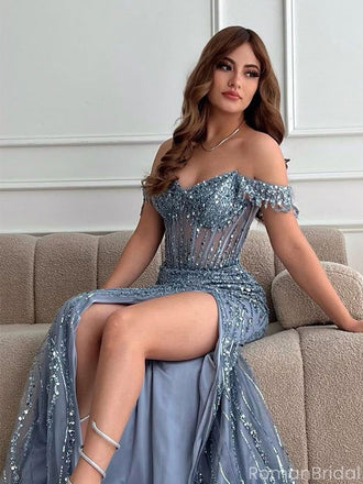 Sexy Blue Off-Shoulder Mermaid Side Slit Long Prom Dress Ideas, Evening Party Dresses ,OLP1169