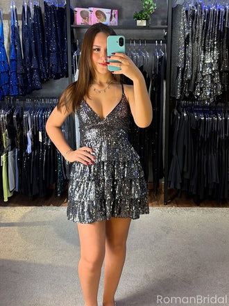 Shiny Spaghetti Strap Sleeveless A-line Sequin Short Homecoming Dresses For Party,HD1139