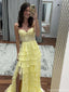 Elegant Yellow Sweetheart Lace Side Slit Long Prom Dress Ideas, Evening Party Dresses ,OLP1160