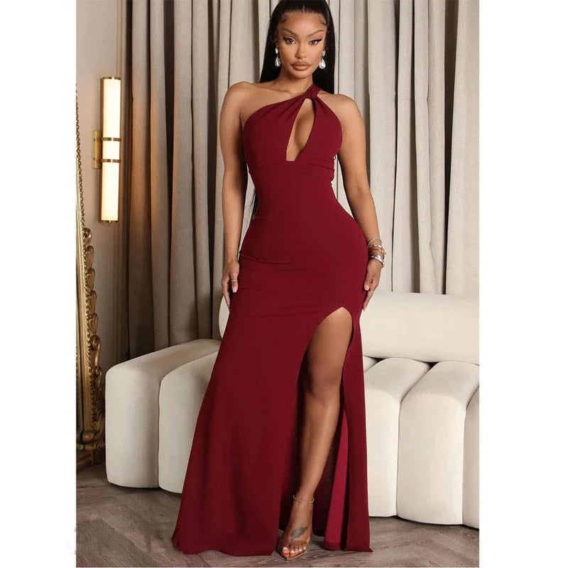 Elegant One Shoulder Mermaid Side Slit Burgundy Jersey Long Bridesmaid Dresses Online, BG702