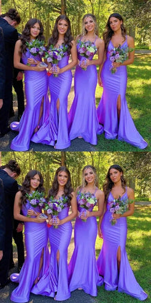 Elegant Mermaid Side Slit V-neck Satin Long Bridesmaid Dresses Online, BG705