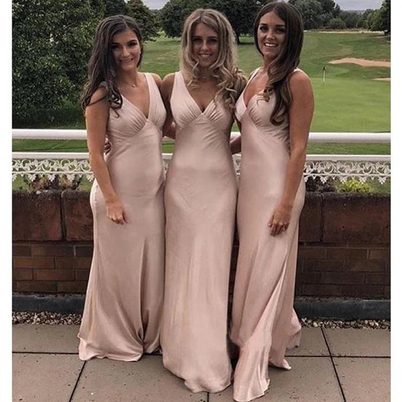 Simple Mermaid V-neck Satin Pearl Pink Long Bridesmaid Dresses Online, BG706