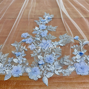 Blue Floral Cathedral Bridal Veil 3D Flower Wedding Veil for Boho Bride