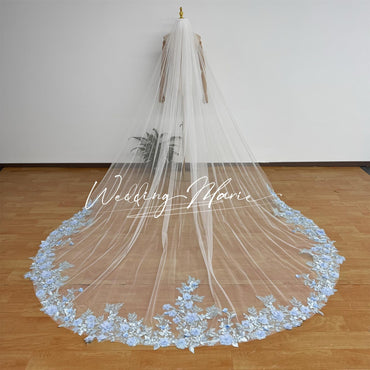 Blue Floral Cathedral Bridal Veil 3D Flower Wedding Veil for Boho Bride