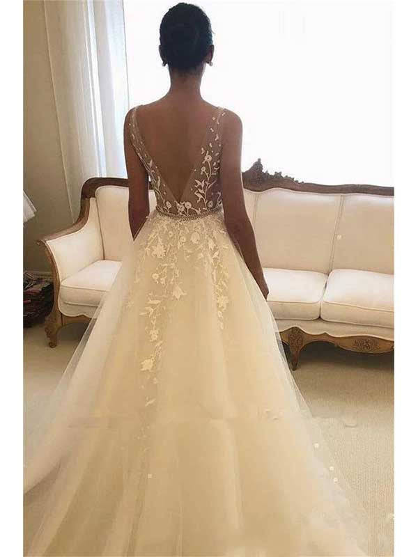 Glamorous V-neck Tulle Sleeveless Lace Wedding Dress, WD0513