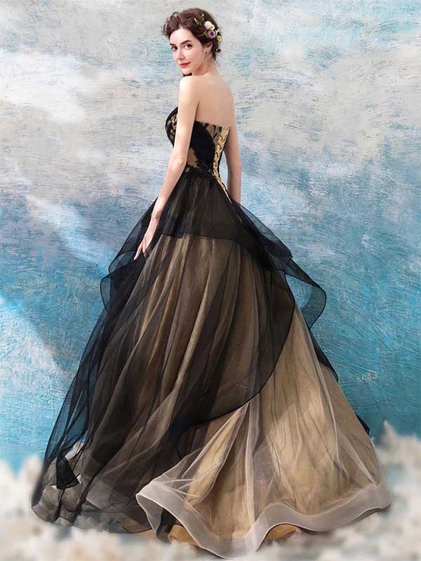 Luxury Strapless Tulle  A-line Black Wedding Dress, WD0514