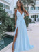 A-line V-neck Light Blue Chiffon Simple Long Prom Dresses, BG144