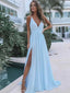 A-line V-neck Light Blue Chiffon Simple Long Prom Dresses, BG144