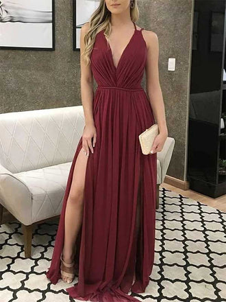 V-neck Backless Burgundy Wine Red Long Side Slit Prom Dresses, BG148