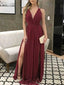 V-neck Backless Burgundy Wine Red Long Side Slit Prom Dresses, BG148