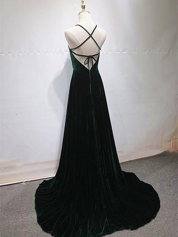 Dark Green Backless A-line Velvet Long Formal Prom Dresses Online, BG160
