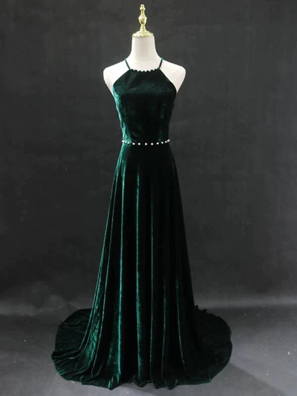 Dark Green Backless A-line Velvet Long Formal Prom Dresses Online, BG160